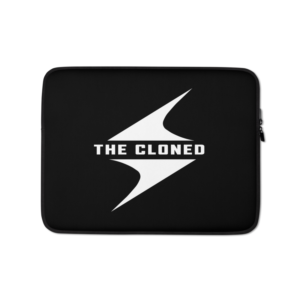Black laptop sleeve with white cloned logo