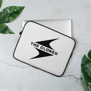 13 inch White laptop sleeve with black cloned logo with computer peeking out